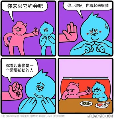 这是一则四格连环搞笑漫画，充满荒诞脑洞：第一格中粉色卡通角色热情地招呼蓝色角色去约会，蓝色角色误以为约会对象是粉色角色，害羞地向对方打招呼；随后发现粉色角色所说的约会对象是自己那长着人脸的手，这只手还对蓝色角色说“你看起来像是一个需要帮助的人”；最后一格，粉色角色和这只有人脸的手坐在餐桌前享受约会，蓝色角色则尴尬地坐在旁边，粉色角色还比出胜利手势，整个故事通过“约会对象”的错位设定，制造出意想不到的幽默效果。
