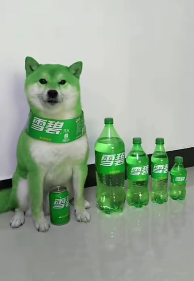 这是一张趣味P图，图中的柴犬身体被修改为雪碧品牌标志性的绿色，脖子上还套着印有“雪碧 汽水”字样的品牌标签，它端坐在地面上，身旁整齐摆放着从迷你小瓶到超大瓶装的不同规格的雪碧饮料，从罐装到瓶装一应俱全。整体视觉上让柴犬和雪碧的绿色包装高度呼应，营造出柴犬“变成雪碧周边”的搞笑效果，没有双关或谐音梗，纯靠视觉创意带来趣味感。