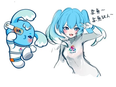 这是一张2024年三亚亚洲沙滩运动会吉祥物“亚亚”的拟人化二创插画。左侧是官方吉祥物亚亚，它是蓝白色的兔子形象，穿着带有亚沙会标志的宇航风格服饰，举着一个类似手机的物品，做出搞怪的亲亲表情；右侧是将亚亚拟人化的蓝发双马尾少女，穿着同款带有亚沙会标志的紧身服饰，对着镜头比出俏皮的手势，吐舌微笑，表情活泼。画面右侧配有手写文字“杂鱼~杂鱼双人~”，玩了“亚亚”和“杂鱼”的谐音梗，用调侃的方式称呼这对组合。整体画风是可爱的二次元风格，色彩清新，充满趣味性，通过拟人化的创作让官方吉祥物更具亲和力和传播性。