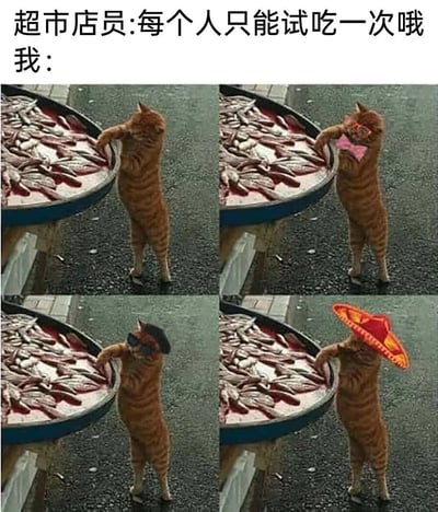 超市店员提醒“每个人只能试吃一次哦”，而“我”的反应则通过四格图片中橘猫的行为幽默展现：橘猫为了多次偷吃鱼，先后戴上粉色蝴蝶结、墨镜配小帽、墨西哥宽檐帽等不同伪装，每次都装作“新面孔”试图蒙混过关。图片通过重复场景+递进式变装的对比，夸张表现了人们面对“限次规则”时的小聪明，充满生活气息与搞笑效果。