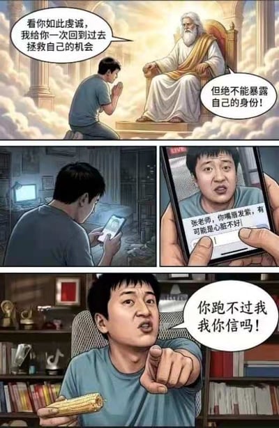 这是一则四格搞笑漫画，内容为：第一格是云端天堂场景，类似上帝的白胡子老者告诉面前虔诚祈祷的男子，鉴于他的虔诚，可以给他一次回到过去拯救自己的机会，但要求他绝对不能暴露自己的身份；第二格男子穿越回到过去后，正低头拿着手机编辑消息；第三格是手机屏幕特写，可以看到男子正在给直播中的过去的自己发消息，内容是“张老师，你嘴唇发紫，可能是心脏不好”，意图提醒过去的自己注意健康风险；第四格是过去的自己（张老师）看到消息后十分愤怒，手里拿着玉米，手指着前方放狠话“你跑不过我我你信吗！”。男子本想利用穿越机会规避健康问题，却因为内容太有预见性暴露了身份，反而惹怒了过去的自己，没能达成目的，对应标题“这波贪了”的后悔感。