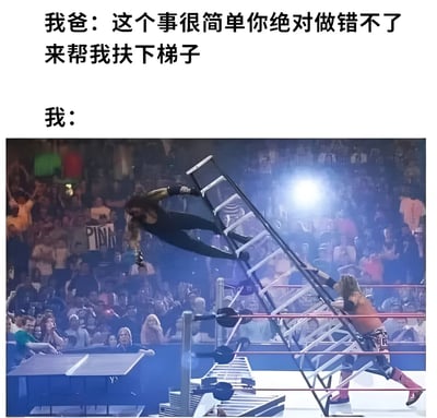 图片上方文字为“我爸：这个事很简单你绝对做错不了 来帮我扶下梯子”，下方文字“我：”后配一张摔跤比赛的截图。图中一名选手正从倾斜的梯子上坠落，另一名选手在梯子底部，背景是欢呼的观众，整体通过文字与混乱的摔跤场景形成反差，幽默地表现出“简单任务”实际可能出现的意外状况。