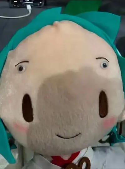 这是一张经过改造的照片，主体是VOCALOID虚拟歌手初音未来的毛绒玩偶，有人在玩偶的额头位置贴上了一对人类的眼睛贴纸，原本玩偶的脸部设计是没有眼睛的，这个改造让玩偶看起来有种诡异又滑稽的违和感，显得十分搞笑，没有双关、谐音梗等特殊内容。