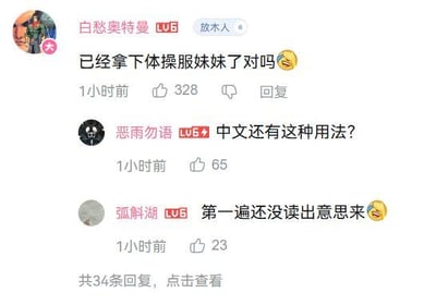 这是一张哔哩哔哩（B站）的评论区截图，共展示三条网友评论：
1. 用户“白愁奥特曼”发布评论：“已经拿下体操服妹妹了对吗😆”，此处运用了低俗谐音双关梗，将“体操服”谐音为带有暗示性的表述，制造趣味；
2. 用户“恶雨勿语”疑惑发问：“中文还有这种用法？”；
3. 用户“弧斛湖”表示：“第一遍还没读出意思来😆”。
整体呈现了评论区网友玩梗、其他网友反应迟钝的搞笑场景，双关梗的隐晦性让部分网友第一时间无法理解含义。