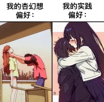 这是一张左右对比的动漫梗图，通过鲜明反差展现幻想与现实的偏好差异。左侧标题为"我的杏幻想偏好："，画面中一名红头发女孩被人从前方抓住颈部，姿态充满戏剧性张力；右侧标题为"我的实践偏好："，则是一对男女温柔拥抱的场景，女孩面带红晕，氛围温馨。两张图形成强烈对比，幽默地表达了理想与现实中偏好的差距。