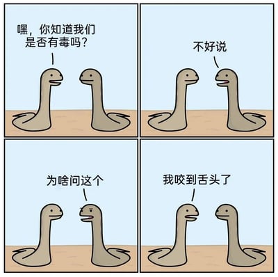 这是一张四格连环卡通漫画，描绘了两条棕色卡通蛇的搞笑对话场景。第一格中，左侧蛇（蛇A）抬头问右侧蛇（蛇B）：“嘿，你知道我们是否有毒吗？”；第二格蛇B歪头回答：“不好说”；第三格蛇B疑惑地反问：“为啥问这个”；第四格蛇A无奈地说：“我咬到舌头了”。通过蛇咬到自己舌头而担心是否有毒的逻辑，形成幽默的反差笑点。