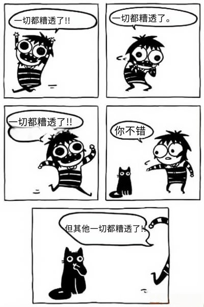 这是一幅五格黑白漫画，描绘了一个情绪激动的男孩不断重复"一切都糟透了!!"的场景。前三个格子中，男孩以不同姿势表达着强烈的负面情绪。第四个格子中，一只黑猫平静地对男孩说"你不错"。最后一个格子中，男孩回头对猫说"但其他一切都糟透了!!"，展现了一种幽默的情绪反转。