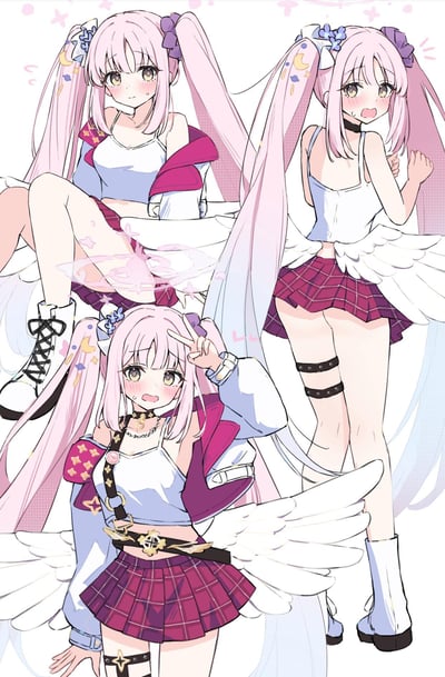 这是一张二次元游戏《蔚蓝档案》角色圣园未花的同人原创插画，画面中展示了该角色三种不同的姿态与神态：左上角的未花呈坐姿，脸颊带着红晕，神情羞涩，腿边环绕着星芒状的梦幻特效；右上角的未花背过身，双手抱在胸前，脸颊泛红，露出慌张窘迫的模样；下方的未花则对着镜头比出V字手势，表情窘迫，身体微倾，像是在掩饰小尴尬。角色保留了标志性的粉色长双马尾与白色天使翅膀，换上了露脐白色吊带、酒红格纹短裙搭配撞色外套的休闲穿搭，整体画风软萌细腻，充满青春少女感。