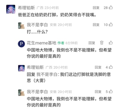 这是一段来自国内社交媒体“花生meme基地”账号评论区的搞笑互动内容。用户“希理铂斯”用广西方言表述“打脚”（意为洗脚）分享日常，引发安徽用户“我不是李白”的误解，以为是暴力打脚的行为，发出疑惑提问。随后账号作者和用户“我不是李白”都玩梗回复“中国地大物博，我倒也不是不能理解，但希望你说的最好是真的”，最后“希理铂斯”解释这是方言说法并加上“（大雾）”暗示玩梗，整个互动利用地域方言的表述差异制造出荒诞又搞笑的效果，充满meme内容的趣味性。