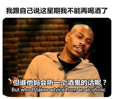 图片上方文字为‘我跟自己说这星期我不能再喝酒了’，下方文字为‘但谁他妈会听一个酒鬼的话呢？ But who tf takes advice from an alcoholic’。中间是一位穿着连帽衫的光头男性，背景为砖墙，表情略带嘲讽和无奈。通过自我矛盾的内心独白，幽默地展现了想戒酒却又自我调侃‘酒鬼的话没人听’的搞笑场景，充满自嘲意味。