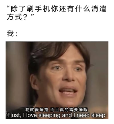这是一张贴合当代人生活状态的搞笑梗图，上方以文字形式提出问题“除了刷手机你还有什么消遣方式？”，下方使用爱尔兰演员基里安·墨菲的采访截图作为回应，截图中人物表情夸张激动，配文“我就爱睡觉 而且真的需要睡眠”，幽默地表达了很多人在快节奏生活中，除了刷手机外，睡眠成为了最受欢迎的放松消遣方式，精准戳中了大众的日常状态，引发共鸣。