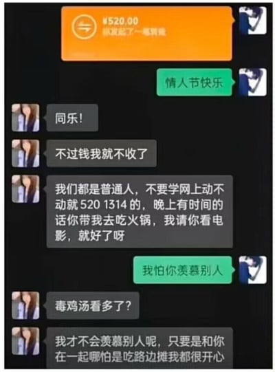 一张情人节期间的聊天记录截图，展示了一方发送520元转账给另一方，但对方拒绝收钱并表示更看重陪伴而非金钱礼物的对话。对话中体现了对网络流行的520、1314转账文化的反思，以及更重视实际陪伴的价值观。