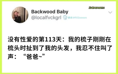 这是一张社交媒体截图梗图，展示了用户"Backwood Baby"的个人主页。图中包含一个女性的自拍头像，以及一段幽默文字："没有性爱的第113天：我的梳子刚刚在梳头时扯到了我的头发，我忍不住叫了声：'爸爸~'"。图片通过夸张的性暗示制造笑点，反映了网络流行的黑色幽默风格。