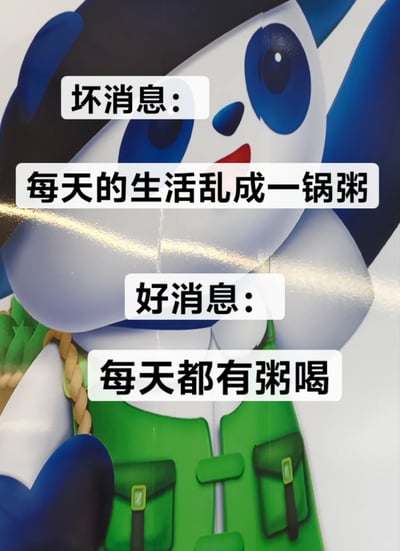 这是一张带有反差幽默的网络梗图，以北京冬奥会吉祥物冰墩墩的衍生卡通形象为背景，形象为蓝白配色的熊猫，身着绿色服饰，面带微笑。图中通过分段的白色文字框呈现内容：先抛出“坏消息：每天的生活乱成一锅粥”，引出生活杂乱无序的负面状态，紧接着给出“好消息：每天都有粥喝”，利用“乱成一锅粥”的字面含义制造反差笑点，以自嘲的方式消解生活混乱带来的焦虑，风格轻松诙谐，精准贴合当代年轻人面对无序生活的调侃心态。
