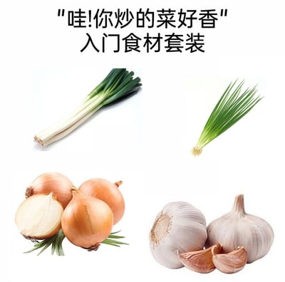 这是一张图文混排的静态科普图，顶部配有文字“‘哇!你炒的菜好香’入门食材套装”，图中展示了四种中式烹饪里的经典增香基础食材：左上角的大葱、右上角的小葱、左下角的干葱头、右下角的大蒜。这些食材是烹饪新手入门时用来提升菜品香气的核心底料，经过爆香后能大幅提升炒菜的香味，让新手做出的菜品闻起来更具食欲，图中干葱头带有“@BobXieVegetables”的水印。
