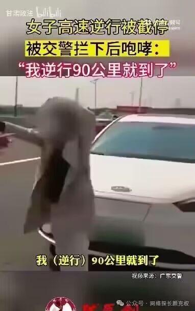 图片为高速路场景，一名女子因逆行被交警拦下，她情绪激动地向交警咆哮，画面上方有醒目的文字标题“女子高速逆行被截停 被交警拦下后咆哮：‘我逆行90公里就到了’”，下方配有她辩解时的台词“我（逆行）90公里就到了”。整体展现了一起因交通违法引发的冲突场景，女子的行为和言论显得既危险又荒谬。