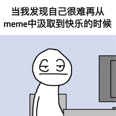 一张表达网络文化疲劳的梗图，画面上方有文字“当我发现自己很难再从meme中汲取到快乐的时候”，下方是一个简笔画风格的卡通人物，他坐在电脑前，表情冷漠，眼神空洞，嘴角平直，呈现出一种对网络迷因失去兴趣的疲惫状态。