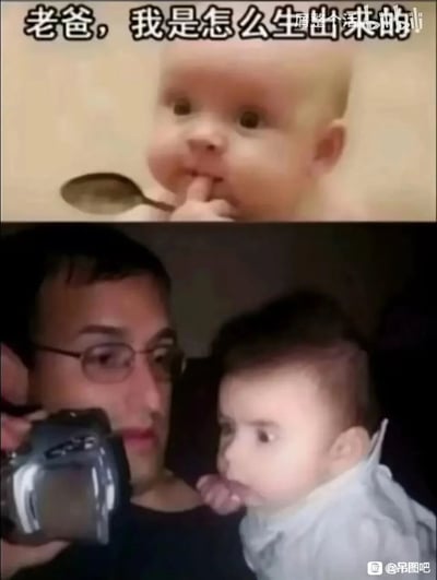 这是一张上下拼接的搞笑创意梗图，上半部分是一个懵懂的宝宝含着勺子，配文提出孩子的经典疑问“老爸，我是怎么生出来的”；下半部分是利用视觉错位的场景：一个戴眼镜的男子手持相机，旁边的宝宝的手因为拍摄角度，恰好和男子的脸部重合，看起来像是男子的嘴部，形成了一种荒诞又搞笑的“回答”效果，用这种无厘头的视觉错位，调侃家长面对孩子这类提问时的奇葩回应思路，充满趣味。