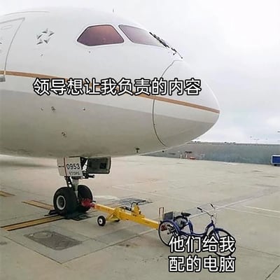 这是一张针对职场不合理安排的吐槽梗图，实拍场景为机场停机坪：体型庞大的民航客机前起落架通过牵引杆连接着一辆普通的脚蹬自行车，用“庞大的飞机需要极小的自行车牵引”的夸张反差，对应配文分别指代远超能力承载的工作任务、与任务完全不匹配的简陋办公设备，精准讽刺了职场中不给足配套资源却要求员工完成大量高难度工作的不合理现象，很容易引发职场人群的共鸣。
