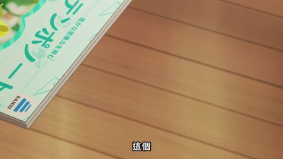 图片展示了一本放置在木质桌面上的摄影写真集，封面为浅绿色，带有花纹装饰和部分日文文字，左下角有“SANYI”水印标识。图片底部有中文字幕“這個”，整体风格清新自然，疑似与作品《MyGO!》相关的原版摄影资料。