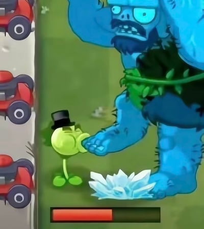 这是一张基于经典游戏《植物大战僵尸》创作的搞笑二创图片，画面还原了游戏里的草坪对战关卡场景：左侧道路边排列着游戏中的除草车，底部显示了剩余血条，巨人僵尸脚边还有已经触发的寒冰菇冰冻特效；违背游戏设定的是，本该攻击僵尸的豌豆射手被添加了黑色礼帽装饰，没有发动攻击，反而和杀伤力极强的巨人僵尸伸手做出友好握手的动作，完全打破了游戏原本的对战逻辑，反差感十足，极具搞笑效果。