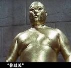 图片中是一位全身涂满金色颜料的人物，站立在画面中央，背景为纯色。人物下方配有文字“你过奖”，整体营造出一种幽默调侃的氛围，通过夸张的金色涂装与谦虚的文字形成反差萌，常用于网络中表达对他人夸奖的调侃式回应。