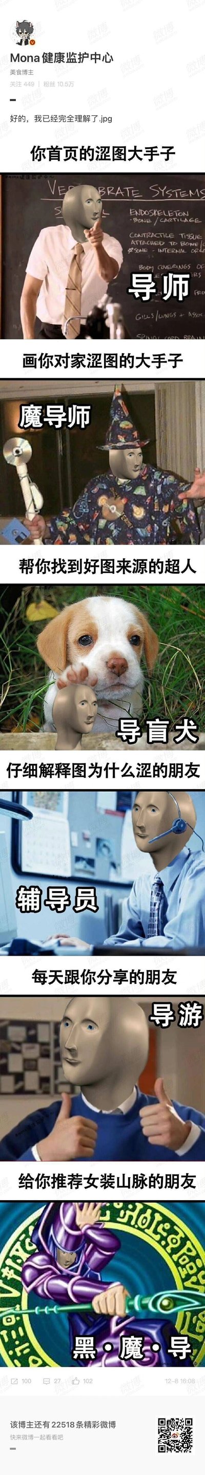 这是微博博主Mona健康监护中心发布的一组趣味玩梗图，以网络流行的抽象3D人脸meme为核心元素，将涩图圈子里不同功能的角色对应成带有谐音梗的“职业”：首页的涩图创作者对应“导师”，绘制对家相关涩图的创作者对应“魔导师”，帮忙查找涩图来源的人对应“导盲犬”，详细解释涩图涩点的朋友对应“辅导员”，每天分享涩图的朋友对应“导游”，推荐《女装山脉》这类作品的朋友对应“黑魔导”，通过形象化的P图和文字注解，以搞笑调侃的方式解构网络涩图圈子里的各类角色，风格轻松诙谐，充满网感。