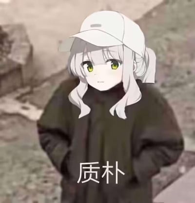 这是一张二次合成的反差梗图，将拥有精致白发绿眼的二次元少女头部，与穿着深色宽松外套、戴着白色鸭舌帽、双手插兜的接地气人物身体拼接在一起，画面下方配文“质朴”。用精致的二次元形象搭配朴实的穿搭和场景，形成强烈的视觉反差，既呆萌又充满趣味，适合用来表达自己低调朴实的状态，或是玩反差自嘲的梗。