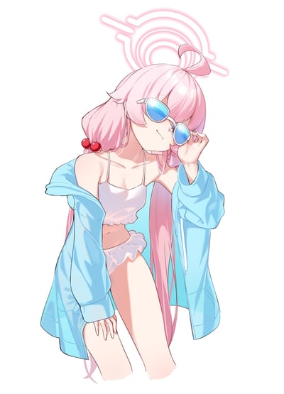 一张二次元动漫风格的插画，描绘了一位时尚的粉发少女。她有着长长的粉色头发，头顶扎着一个小发髻，头发上还别着两个红色的樱桃发饰。少女戴着一副蓝色的太阳镜，嘴角微微上扬，露出俏皮的微笑。她穿着一件白色的吊带背心和一件敞开的蓝色外套，左手扶着眼镜，右手轻轻搭在大腿上，姿态轻松自然。头顶上方有一个粉色的圆形光环图案，增添了几分梦幻感。整体画面色彩明亮清新，给人一种夏日活力的感觉。