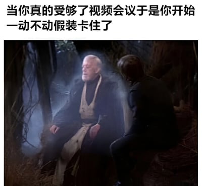 图片上方配有文字“当你真的受够了视频会议于是你开始一动不动假装卡住了”，下方是电影《星球大战》的场景截图。图中一位白发白须的老者（欧比旺·克诺比）静坐于森林中，周身有烟雾缭绕，另一位年轻人（卢克·天行者）面向他而坐。通过老者静止不动的画面，幽默地对应了“假装卡住”的场景，表达了人们对冗长视频会议的无奈与调侃。