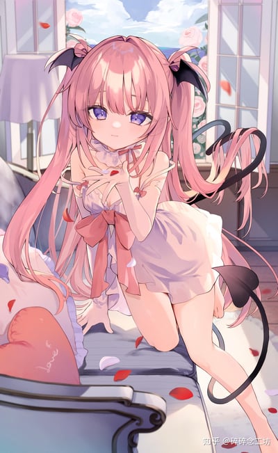 这是一张AI生成的二次元插画，画面里是一位扎着双马尾的粉发少女，发间系着蝙蝠翅膀造型的发饰，身后还有一条恶魔尾巴，她穿着带大红色蝴蝶结的白色睡裙，跪坐在室内的灰色沙发上，双手在胸前做出可爱的姿势，脸颊带着淡淡的红晕，眼神软萌地看向镜头。窗外是飘着白云的蓝天、蔚蓝的大海，还有盛放的粉玫瑰，花瓣飘进房间落在沙发上，整体氛围温馨又带着软萌的甜酷感，没有双关、谐音梗或暗示类内容。