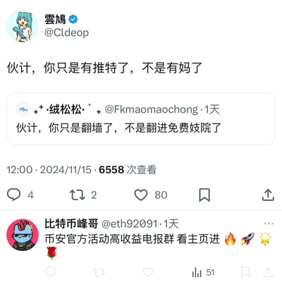 推特用户@Cldeoop（雲鳩）发布吐槽推文，配文‘伙计，你只是有推特了，不是有妈了’，下方用户@Fkmaomaochong（绒松松）回复‘伙计，你只是翻墙了，不是翻进免费妓院了’，底部另有‘比特币峰哥’发布的币安高收益电报群广告（含🔥🚀⭐🌹等emoji）。帖子发布于2024年11月15日12:00，累计6558次查看，互动数据含4条评论、2次转发及80个点赞，整体呈现社交媒体评论区的吐槽与广告乱象。