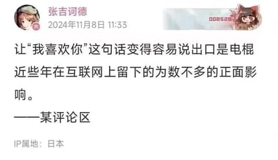 这是一张社交媒体动态截图，发布者账号为“张吉诃德”，发布时间为2024年11月8日11:33，IP属地标注为日本。截图正文引用某评论区内容，评价网络主播电棍（侯国玉）称：‘让“我喜欢你”这句话变得容易说出口是电棍近些年在互联网上留下的为数不多的正面影响’。截图左上角是发布者的卡通头像，右上角带有数字‘008528’的卡通头像水印，整体是对该网络主播的调侃式评价，无谐音、双关等特殊梗。