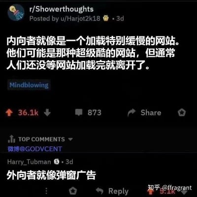 这是一张经过翻译的Reddit社区帖子截图，楼主将内向者比喻成加载速度极慢但内容优质酷炫的网站——由于加载耗时久，人们往往没等到看到精彩内容就选择离开，精准描绘出内向者在社交中难以快速展现自身魅力的处境；热门评论则巧妙地将外向者比作弹窗广告，生动概括了外向者主动、存在感强的社交特质。两种比喻形象又贴切，很容易让不同性格的人产生共鸣，没有双关或谐音梗。