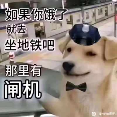 这是一张经过P图改编的静态图文混排搞笑梗图，画面主体是一只被P上了类似地铁工作人员帽子和黑色领结的浅色狗狗，狗狗面带微笑，神态看起来十分开心，背景是真实的地铁站台场景。图中配有醒目的白色加粗文字：“如果你饿了就去坐地铁吧 那里有闸机”，该内容利用“闸机”和“炸鸡”的谐音制造无厘头笑点，通过生活中常见的地铁设施和美食的谐音关联，玩出趣味调侃的效果，整体风格轻松搞笑，适合在社交媒体上传播娱乐。