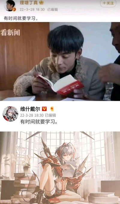 这是一张上下拼接的模仿类梗图，上方是真实人物丁真的微博动态截图，配文「有时间就要学习」，图中丁真正专注地手持书本阅读，画面左侧还有「看新闻」的文字提示；下方是微博用户模仿丁真的动态格式，使用游戏《明日方舟》中的角色维什戴尔的创作图，同样配文「有时间就要学习」，图里维什戴尔坐在堆满书籍的窗边安静看书，整体传递出倡导利用空闲时间学习的积极氛围，没有双关或谐音梗。
