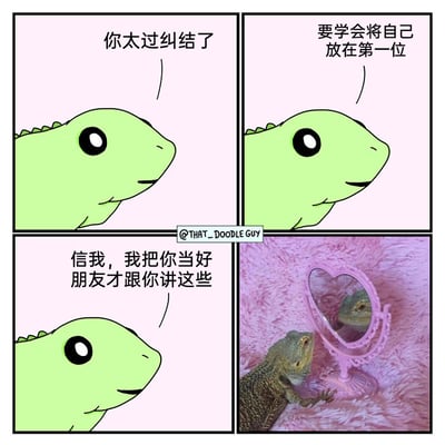 这是一幅由@THAT_DOODLE GUY创作的四格连环漫画，前三格为绿色卡通蜥蜴的形象，它以朋友的口吻依次说出“你太过纠结了”“要学会将自己放在第一位”“信我，我把你当好朋友才跟你讲这些”，让观者误以为它在和好友对话；第四格揭晓谜底，画面呈现一只真实的鬃狮蜥趴在粉色毛绒垫上，正对着心形粉色镜子，原来前三格的所有话语都是这只鬃狮蜥在对镜子里的自己说，是一场自我开导的对话。作品通过卡通与真实画面的反差，用幽默的方式展现了自我关怀、自我鼓励的场景，充满趣味。