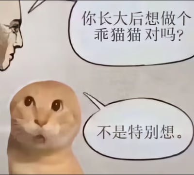 这是一张网络表情包，主角是一只带有疑惑神情的橘猫。通过漫画式的对话气泡，描绘了一只猫面对“你长大后想做个乖猫猫对吗？”这一带有社会期待意味的问题时表现出的不情愿，回答为“不是特别想”。整体氛围幽默调侃，常用来表达对传统或外界期待的无奈、消极或拒绝，也反映了网友自嘲和宣泄情绪的日常应用方式。