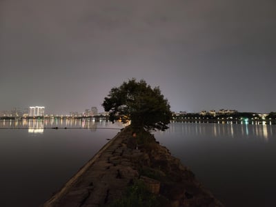 这是一张夜晚的户外摄影作品，画面中一条石砌堤岸延伸进平静的湖面，堤岸顶端的树下坐着一个人，正望向对岸的城市。对岸的高楼建筑灯火亮起，灯光在湖面上形成清晰的倒影，灰蒙的夜空为画面增添了静谧又带着孤寂的氛围，没有双关、谐音梗或暗示类内容。