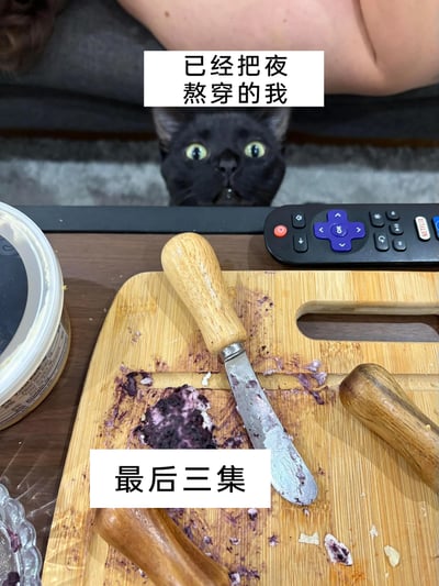 这是一张实拍的生活场景图，画面上方露出部分人的手臂，一只黑猫睁着圆溜溜的眼睛，一脸惊讶错愕地从木质桌子后方探出头；桌面上摆放着沾有紫色食物残渣的竹制切菜板、带木柄的抹刀，还有一个带盖子的食物容器，以及带有Netflix标识的电视遥控器。图中的两处配文“已经把夜熬穿的我”和“最后三集”，生动地展现出主人为了看完剧集的最后三集，熬到深夜的疲惫又执着的状态，黑猫的惊讶表情恰好烘托出熬夜到恍惚、又被剧情牵动的情绪，充满生活趣味。
