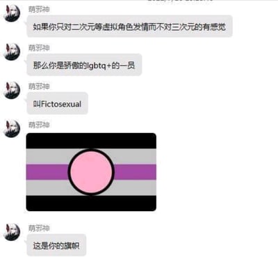 这是一段社交聊天软件的截图，用户「萌邪神」在聊天中科普了Fictosexual（虚构性向）：称只对二次元等虚拟角色产生爱慕情愫、对三次元真实人物无此类感觉的人群，属于LGBTQ+群体的一员，并附上了该性向对应的代表旗帜。内容无谐音梗、双关或暗示类表达。