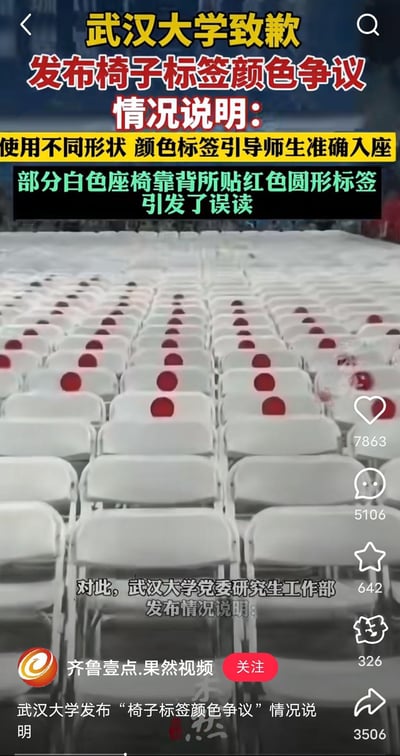 图片为社交媒体截图，内容是武汉大学发布的“椅子标签颜色争议情况说明”。上方红色和黄色标题显示“武汉大学致歉 发布椅子标签颜色争议情况说明”，正文说明学校使用不同形状、颜色标签引导师生入座，但部分白色座椅的红色圆形标签引发误读。下方配图为大量白色折叠椅整齐排列，每个椅背上均贴有红色圆形标签。截图底部显示来源为“齐鲁壹点·果然视频”及互动数据（点赞7863、评论5106等）。