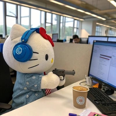 这是一张经过P图改编的趣味职场梗图，将三丽鸥的Hello Kitty毛绒玩偶放置在真实的开放式办公室工位场景中：玩偶戴着蓝色头戴式耳机，被P上了一把玩具手枪，做出对准面前办公电脑的姿势；桌上摆放着一杯带标识的咖啡、键盘，电脑屏幕显示着工作界面，背景里还有其他正在工作的员工。可爱软萌的卡通玩偶与硬核的手枪道具形成强烈反差，用戏谑的方式模拟打工人面对工作压力时的宣泄情绪，戳中职场人的情绪共鸣，整体风格搞笑解压，没有双关、谐音梗或暗示内容。