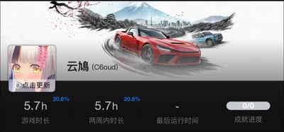 这是一张社交媒体动态截图，背景是《极限竞速：地平线6》的水墨风格宣传插画，可见红色跑车、蓝色越野车在赛道行驶，背景还绘制了富士山、日式古建筑、东京城市天际线，左上角点缀有樱花枝。截图左侧是用户“云鸠（C6oud）”的白发黄眼动漫风格虚拟头像，头像下方有“点击更新”按钮，截图下半部分是游戏时长统计面板，显示该用户游玩《极限竞速：地平线6》的总时长为5.7小时，两周内游玩时长同样为5.7小时，占比均为20.8%，最后运行时间无记录，成就进度为0/0。
