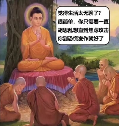图片中，佛陀盘腿坐在树下的粉色坐垫上，头顶有紫色光环，双手合十，神情安详。周围有四位身着橙色僧袍的僧侣，或跪坐或低头，似在聆听教诲。佛陀身旁的对白气泡中写着：“觉得生活太无聊了？很简单，你只需要一直胡思乱想直到焦虑攻击你到恐慌发作就好了”。背景是宁静的绿色田野和河流，整体画面呈现出传统宗教绘画的风格，却因幽默讽刺的文字内容形成强烈反差，以调侃的方式表达现代人对无聊生活的无奈与黑色幽默。