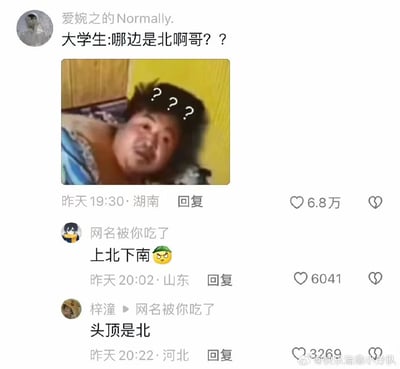 这是一张来自微博的评论截图，用户“爱婉之的Normally.”发布内容，配了一张躺卧着、满脸疑惑且头顶带有三个问号的男子图片，以“大学生:哪边是北啊哥？？”的文案玩大学生分不清方向的梗；随后用户“网名被你吃了”用地理常识“上北下南😤”回应；用户“梓潼”则结合图中男子躺卧的姿势，接梗回复“头顶是北”，将“上北下南”里的“上”对应为男子的头顶，形成了幽默的互动链条，该内容获得了大量点赞，整体是利用日常常识结合场景玩梗，制造出轻松搞笑的效果。