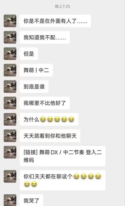 这是一张手机端聊天记录截图，左侧发送消息的用户先是用委屈伤感的语气质问对方是不是在外面有其他人，自称自己不配，接连追问所谓的“第三者”是谁、自己哪里不如对方，还附带多个大哭的表情，营造出情侣间一方发现另一方出轨的戏剧氛围，后续内容反转，用户表明自己吃醋的对象是音游《舞萌DX/中二节奏》，抱怨对方天天和别人聊这款游戏，还发出了该游戏的登入二维码，最后表示自己委屈哭了，前后内容的反差充满喜剧效果，是音游玩家圈层的趣味梗图，将热门音游拟人为情侣间的“第三者”玩梗。