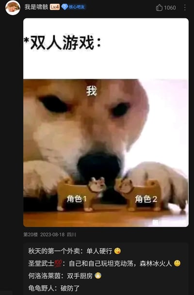 这是百度贴吧用户“我是啸骸”于2023年8月18日发布的一则搞笑自嘲梗图。图片上方标注“*双人游戏：”，一只表情无奈、眼神黯淡的柴犬趴在木质桌面上，两只前爪分别放在两个小狗玩具的两侧，柴犬头顶标注“我”，两个玩具则分别标注“角色1”和“角色2”，以此模拟单人操控两个角色玩双人游戏的场景，用来调侃单身人士孤单又有点好笑的生活状态。帖子获得了1060个点赞，下方有多位吧友留言互动，比如“自己和自己玩坦克动荡，森林冰火人”“双手厨房”等评论，进一步呼应了这个自嘲的梗，引发了相同处境网友的共鸣。