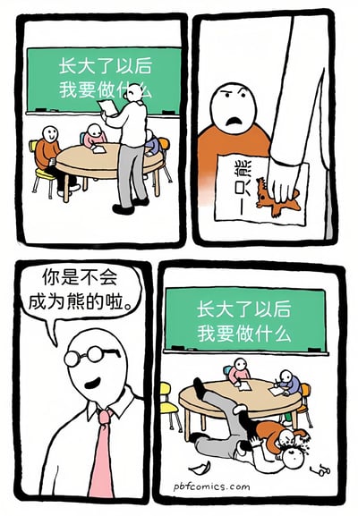 这是一幅四格漫画，描绘了一个有趣的课堂场景。第一格中，老师站在写有'长大了以后我要做什么'的黑板前，学生们正在写作业。第二格特写一个学生的作业，上面写着'一只熊'并有一个小熊的图画，老师的手正指着这份作业。第三格中，戴着眼镜的老师对学生说：'你是不会成为熊的啦。'第四格显示学生愤怒地将老师扑倒在地，教室里一片混乱。