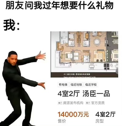 图片上方配有文字“朋友问我过年想要什么礼物 我：”，左侧是一位穿着黑色西装的男子，正伸出双臂做出展示或赠送的夸张手势，右侧则是一张汤臣一品的4室2厅户型图及房产信息，标注有“有电梯 临近地铁 临近学校”等特点，售价高达14000万元。整体通过反差幽默，调侃了把昂贵房产作为新年礼物的“不切实际”愿望，充满轻松搞笑的氛围。
